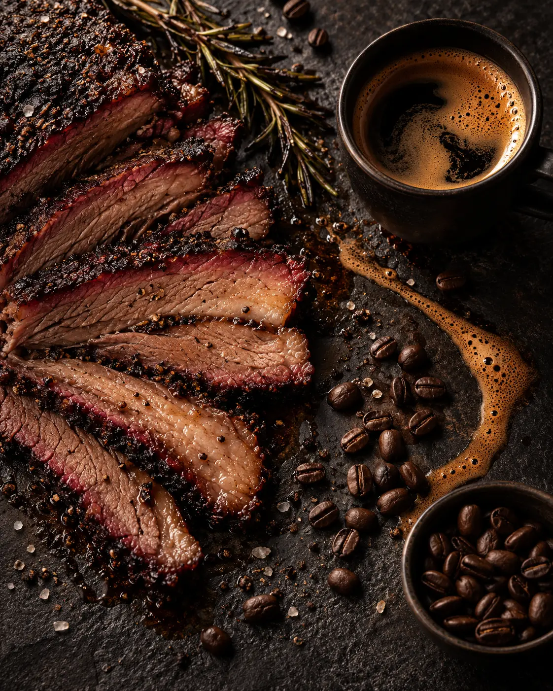 Sliced smoked brisket beside fresh coffee